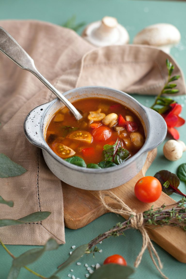 Tomato soup in a white dish